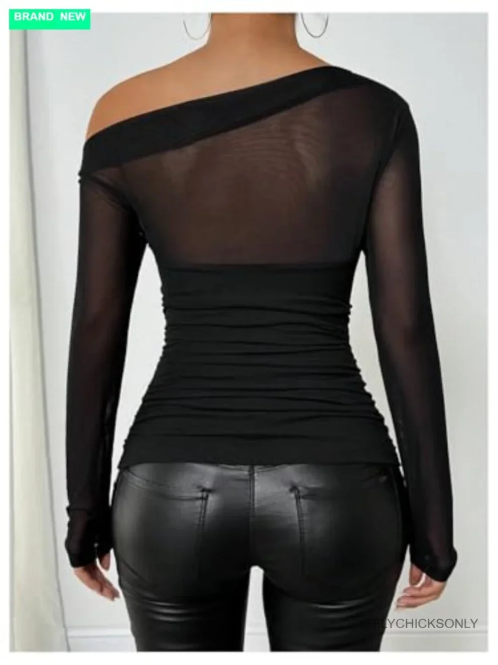 Off Shoulder Sheer Mesh Long Sleeve Asymmetrical Neck Ruched Fitted Top Tee